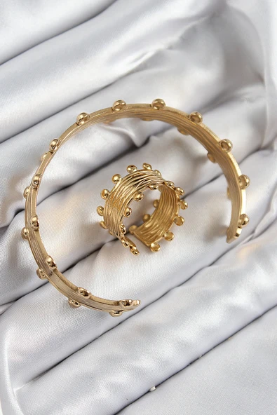 Pirinç Topcuk Model Gold Renk Bileklik Yüzük Set - TJ-BB7602 - 2