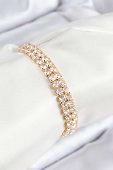 Pirinç Zirkon Taşlı Çift Sıra Kare Model Gold Renk Asansörlü Kadın Bileklik - TJ-BB7731 - 1
