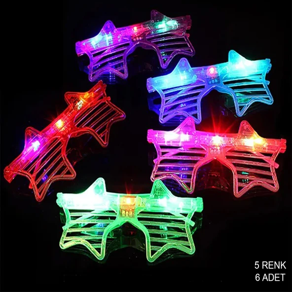 Işıklı Yıldız Şekilli Led Parti Gözlüğü 5 Renk 6 lı Set - 1