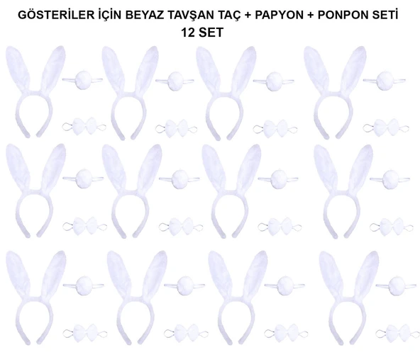 Beyaz Tavşan Kostüm Seti – Taç, Papyon, Kuyruk (12’li Paket) ürün görseli