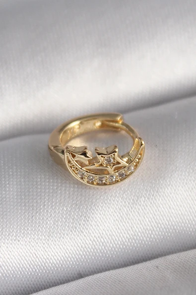 316L Çelik Gold Renk Zirkon Taşlı Ay Yıldız Model Tragus Piercing - 1