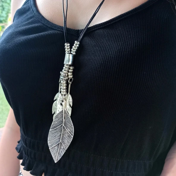 Kuş Tüyü Şekilli Kadın Kolye Gümüş Kaplama Ayarlanabilir El Yapımı Kadın Kolye - Resim 3