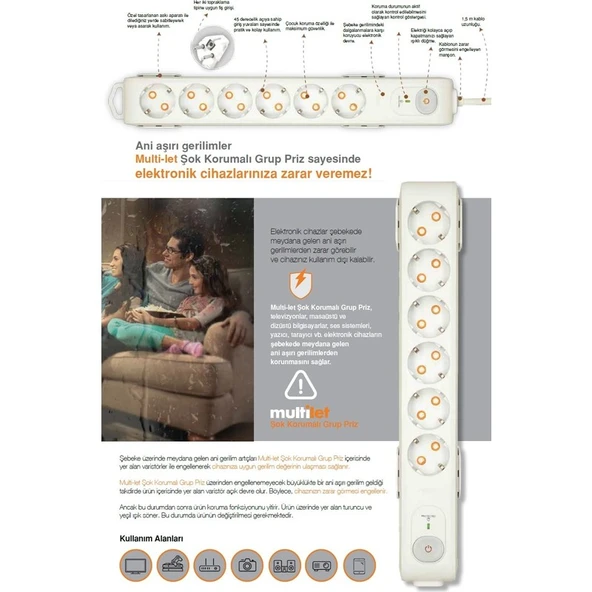 Viko Multi-Let Şok Akım Korumalı 1.5 Metre 6lı Priz 90117632 - Resim 2