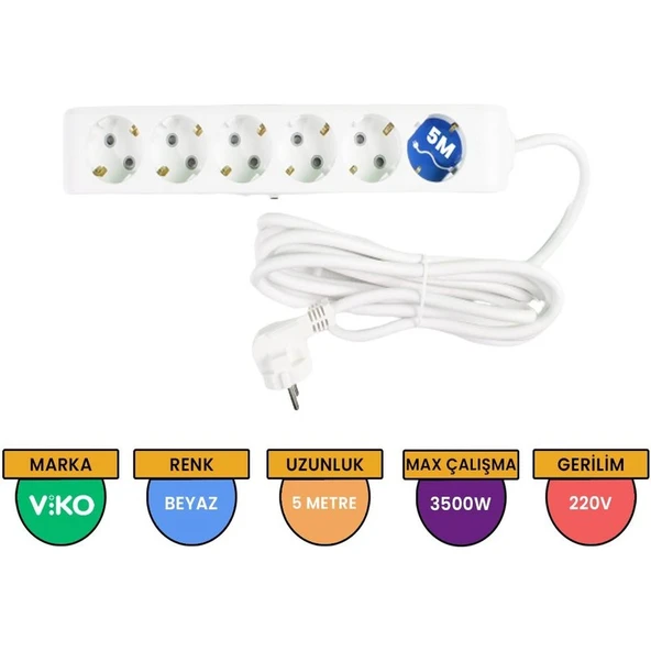 Viko 5 Metre Kablolu Topraklı Çocuk Korumalı Altılı Priz - 2