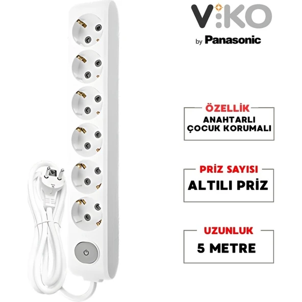 Viko | Altılı Grup Priz, Anahtarlı Topraklı - Çocuk Korumalı Çoğaltıcı Priz [Altılı, 5 Metre, Beyaz] - 2