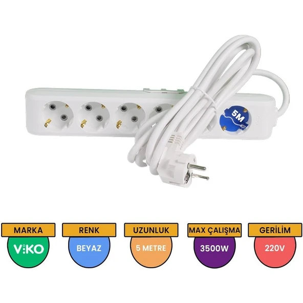 Viko 5 Metre Kablolu Topraklı Çocuk Korumalı Altılı Priz - 1