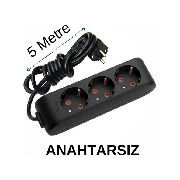 Viko 3'lü Üçlü Priz Topraklı Kablolu Siyah 5 (Beş) Metre ürün görseli