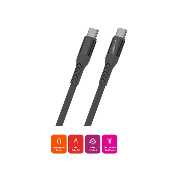 Polosmart PBS421 Hızlı 65W Type-C to Type-C Şarj ve Data Kablosu 1.2 Metre Gri - 2