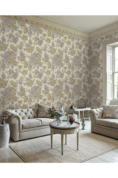 Adawall Çiçek Açan Güller ve Çiçek Desenli Duvar Kağıdı, Bej, Mavi, Açık - Ephes 5806-3, 10,60 M² - 4
