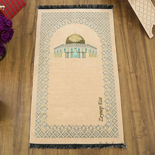 İsme Özel Kubbetüs Sahra Lüks Şönil Seccade Bej (66x117cm) 485gr - 1
