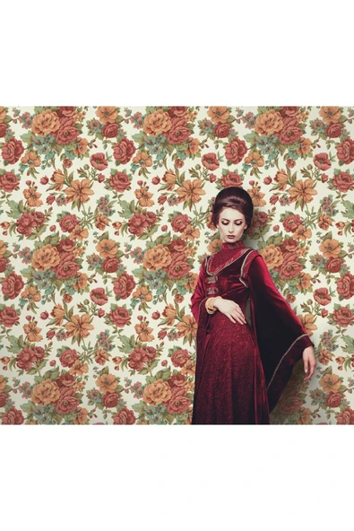 Adawall Çiçek Açan Güller ve Çiçek Desenli Duvar Kağıdı, Bakır, Turuncu, Kırmızı - Ephes 5806-5, 10,60 M² - 1
