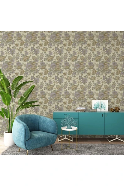 Adawall Çiçek Açan Güller ve Çiçek Desenli Duvar Kağıdı, Bej, Mavi, Açık - Ephes 5806-3, 10,60 M² - 5