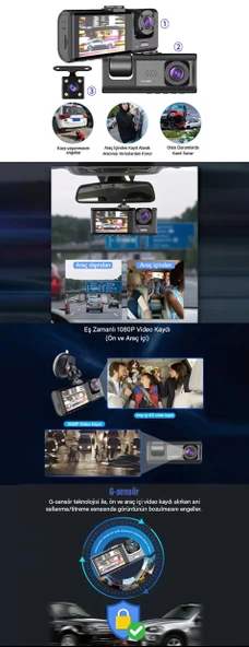 Black Box 1080P Ön-Arka 3 Kameralı 2.0”Hd Ekran Ve G Sensörlü Akıllı Araç Kamerası - 2
