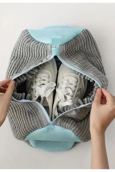 Makinede Pratik Deforma Önleyeci Eskimeye Dayanıklı Boya Vermez Ayakkabı Yıkama Çantası Torba File - 2