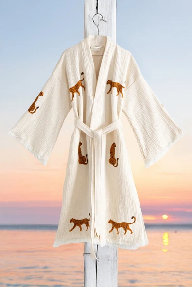 Varol Organik %100 Pamuk Kimono Yaka Sabalık Bornoz - Leopar ürün görseli