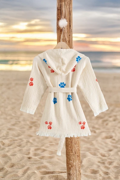 Varol %100 Organik, El İşçiliği Taş Baskı Çocuk Bornozu - Pati - Resim 2