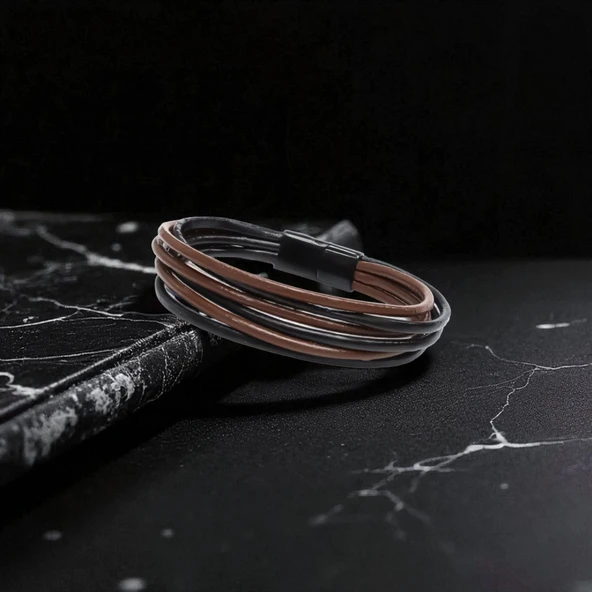 Erkek Bileklik | Kahverengi Siyah Çoklu Katmanlı Tasarım 31833B13D3 - Resim 5