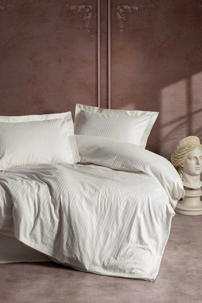 Cotton Box Elegant Stripe Çift Kişilik Nevresim Takımı Saten Ekru ürün görseli 1