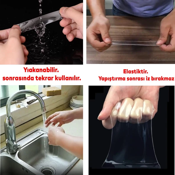Güçlü Yapışkan Şeffaf Çift Taraflı Nano Silikon Bant 24 mm x 1 m Dayanıklı Kolay Yıkanabilir - Resim 3