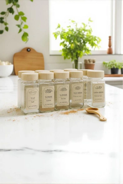 12'li Cam Baharatlık Takımı-Kare Form Kavanoz-Fonksiyonel Kapaklı-Etiket Hediyeli-Mutfak Düzeni İçin İdeal - Resim 3