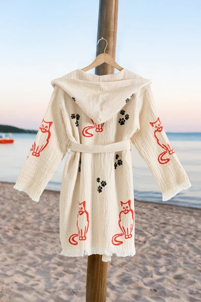 Varol %100 Organik, El İşçiliği Taş Baskı Garson Boy Bornozu - Pisi - Resim 2