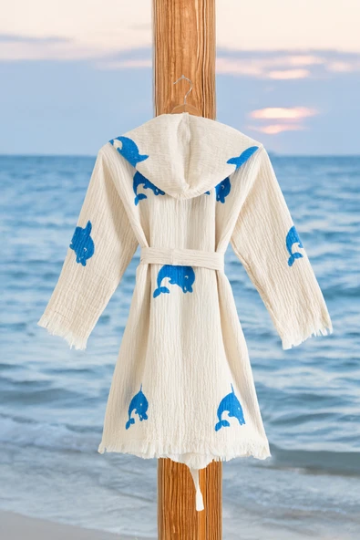 Varol %100 Organik, El İşçiliği Taş Baskı Garson Boy Bornozu - Yunus - Resim 3