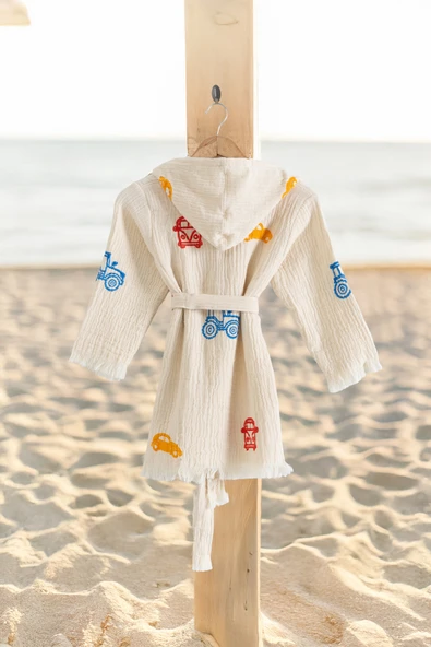 Varol %100 Organik, El İşçiliği Taş Baskı Çocuk Bornozu - Trafik - Resim 2