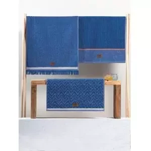 Cotton Box 3'lü Jakarlı Havlu Seti Çantalı (50x90)-Denim Mavi