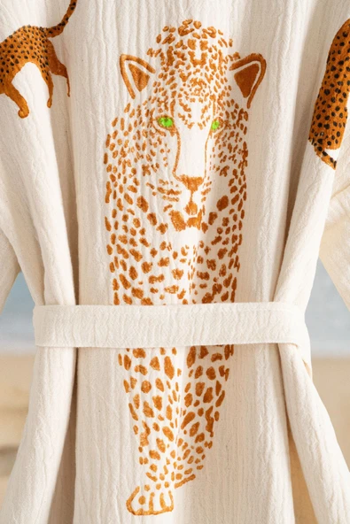 Varol Organik %100 Pamuk Kimono Yaka Sabalık Bornoz - Leopar - Resim 2