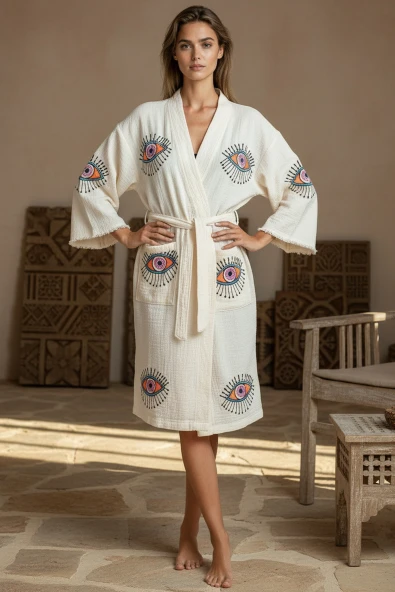 Varol Organik %100 Pamuk Kimono Yaka Sabalık Bornoz - Göz ürün görseli 1