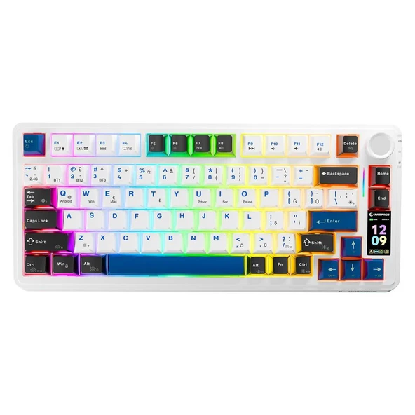 Rampage Quell Pro Ekranlı Beyaz Hot Swap 2.4G + BT Wireless RGB Gasket Oil Switch Türkçe Q PBT Keycaps Mekanik Klavye