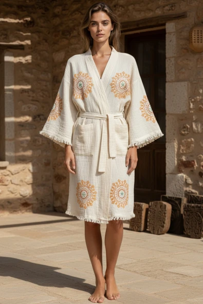 Varol Organik %100 Pamuk Kimono Yaka Sabalık Bornoz - Lemura ürün görseli 1