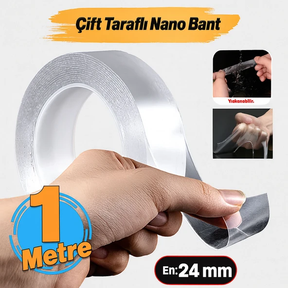 Güçlü Yapışkan Şeffaf Çift Taraflı Nano Silikon Bant 24 mm x 1 m Dayanıklı Kolay Yıkanabilir - Resim 2