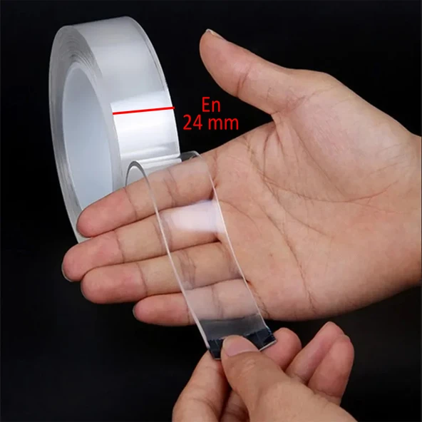 Güçlü Yapışkan Şeffaf Çift Taraflı Nano Silikon Bant 24 mm x 1 m Dayanıklı Kolay Yıkanabilir - Resim 6