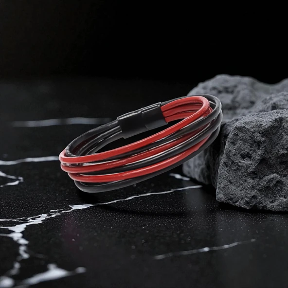 Erkek Bileklik | Kırmızı Siyah Çoklu Katmanlı Tasarım 31833B13D1 - Resim 4