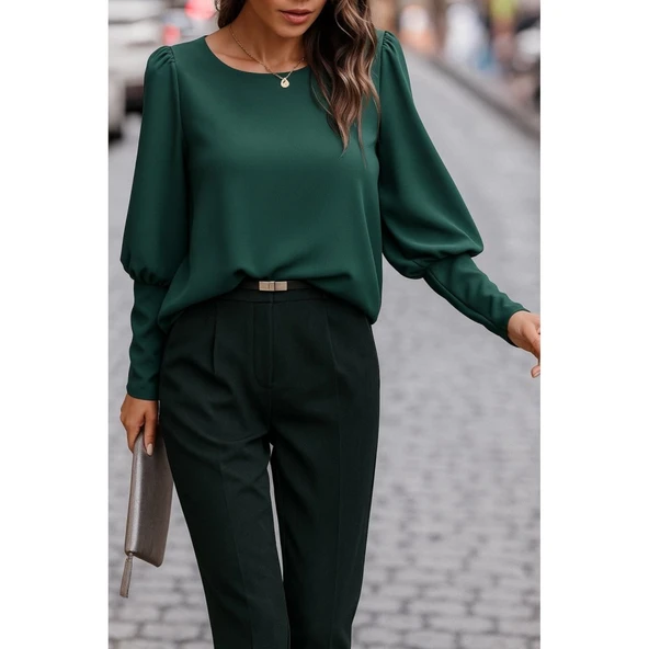 Lucky Life Kadın Uzun Kollu Yuvarlak Yakalı Düğmeli Ithal Krep Bluz - 7