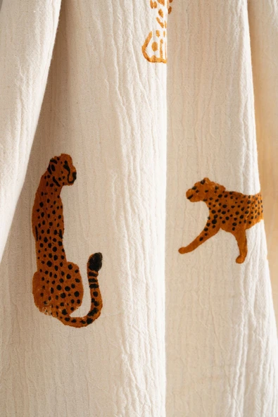 Varol Organik %100 Pamuk Kimono Yaka Sabalık Bornoz - Leopar - Resim 4