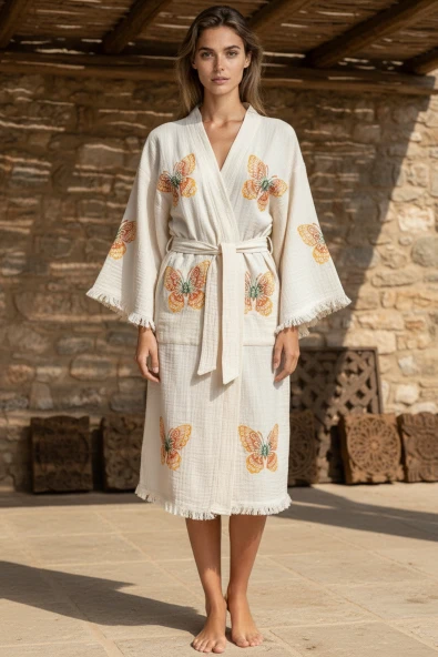 Varol Organik %100 Pamuk Kimono Yaka Sabalık Bornoz - Kelebek ürün görseli 1