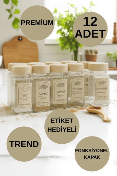 12'li Cam Baharatlık Takımı-Kare Form Kavanoz-Fonksiyonel Kapaklı-Etiket Hediyeli-Mutfak Düzeni İçin İdeal - Resim 2