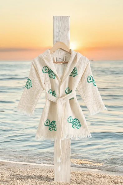 Varol %100 Organik, El İşçiliği Taş Baskı Çocuk Bornozu - Kaplu ürün görseli