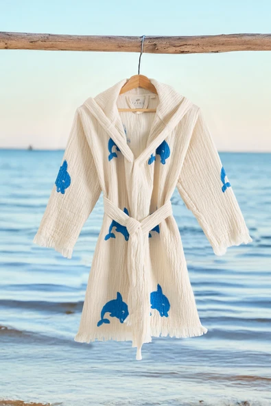 Varol %100 Organik, El İşçiliği Taş Baskı Garson Boy Bornozu - Yunus - Resim 2