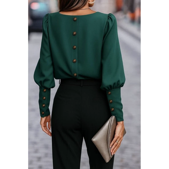 Lucky Life Kadın Uzun Kollu Yuvarlak Yakalı Düğmeli Ithal Krep Bluz - 6