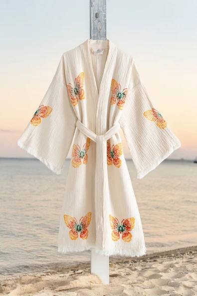 Varol Organik %100 Pamuk Kimono Yaka Sabalık Bornoz - Kelebek - Resim 2