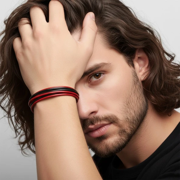 Erkek Bileklik | Kırmızı Siyah Çoklu Katmanlı Tasarım 31833B13D1 - Resim 2