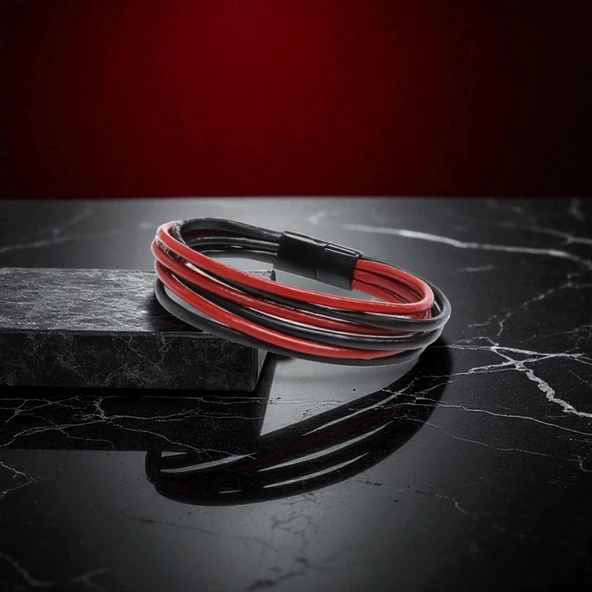 Erkek Bileklik | Kırmızı Siyah Çoklu Katmanlı Tasarım 31833B13D1 - Resim 5