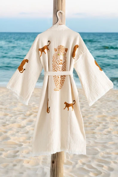 Varol Organik %100 Pamuk Kimono Yaka Sabalık Bornoz - Leopar - Resim 3
