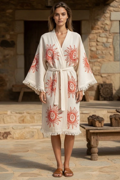 Varol Organik %100 Pamuk Kimono Yaka Sabalık Bornoz - Heliona v1 ürün görseli 1