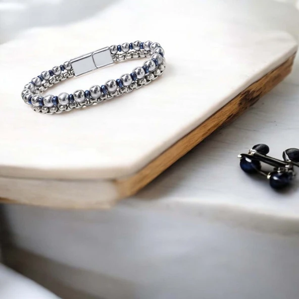 Çelik Zincirli Gümüş Ve Mavi Hematit Bileklik 31832B21D3 - Resim 2