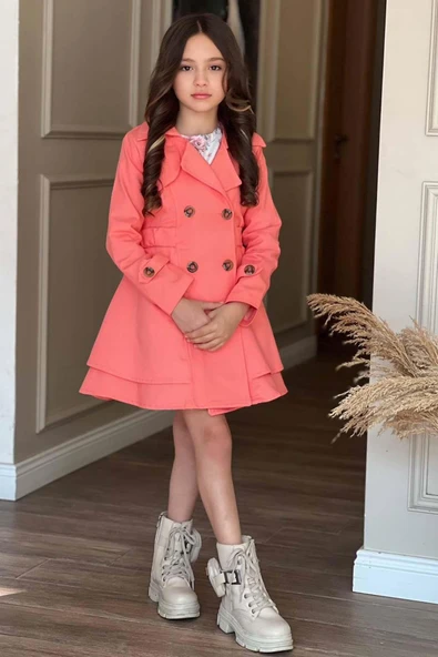 Kız Çocuk Çiçek Desenli Piliseli Yavru Ağzı Trençkotlu Elbise ürün görseli