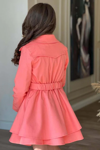 Kız Çocuk Çiçek Desenli Piliseli Yavru Ağzı Trençkotlu Elbise - Resim 4